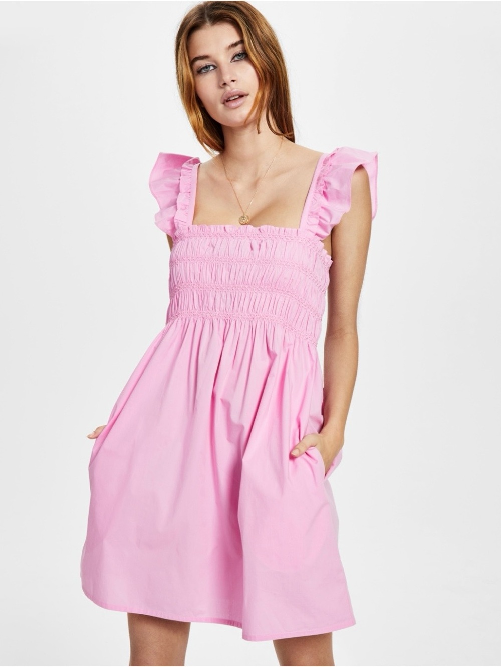 French Connection Pink Cotton Smocked Mini Dress Ruffle Strap Sz XS/4